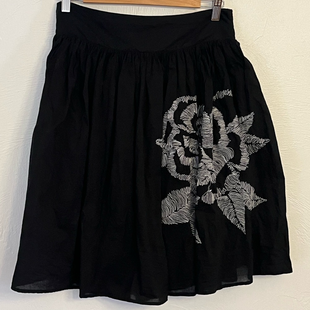 Black Full Skirt with White Floral Embroidery
